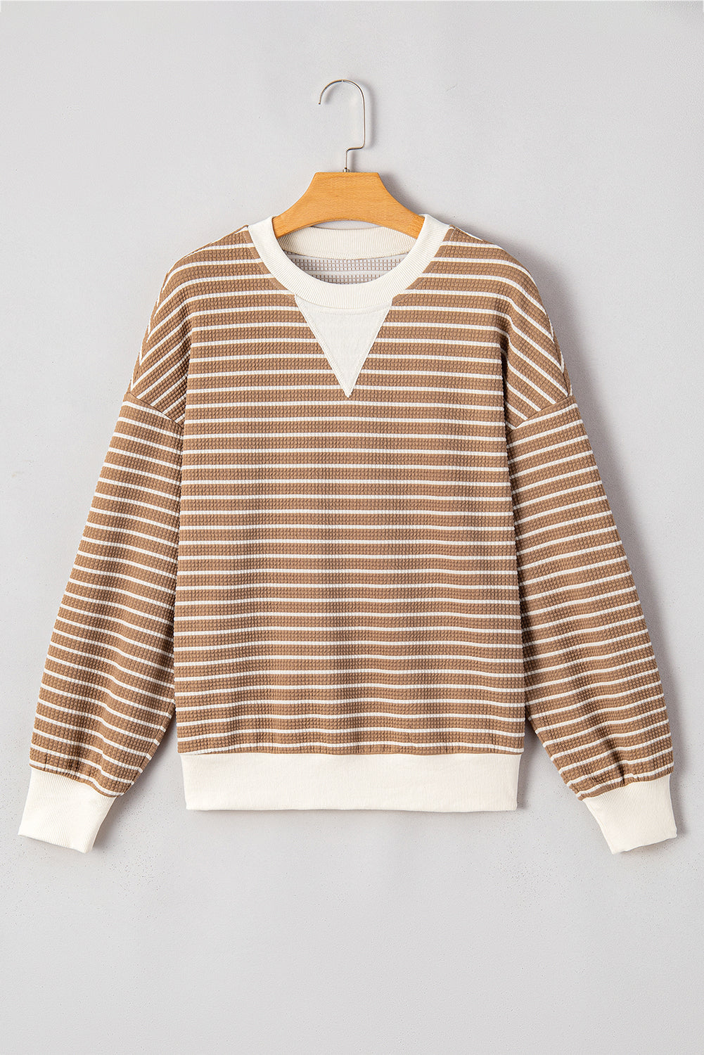 Khaki Stripe Patched Edge Textured Round Neck Long Sleeve Top eAura