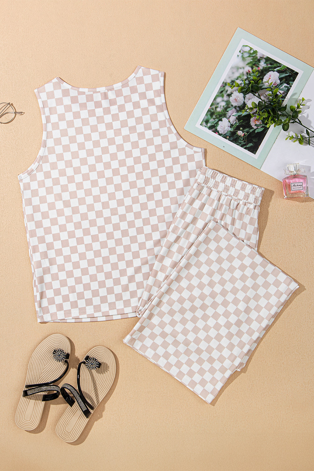 White Ribbed Texture Checkered Print 2pcs Tank and Trouser Co-ord Set eAura