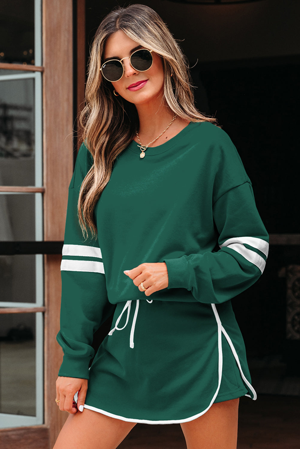 Varsity Stripe Detail Drop Shoulder Pullover Mini Skort Co-ord Set - eAura