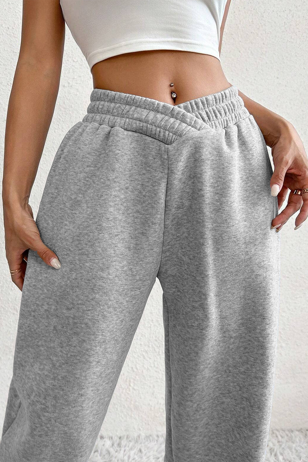 Solid Color Crisscross Elastic Waist Sweatpants – Light Grey