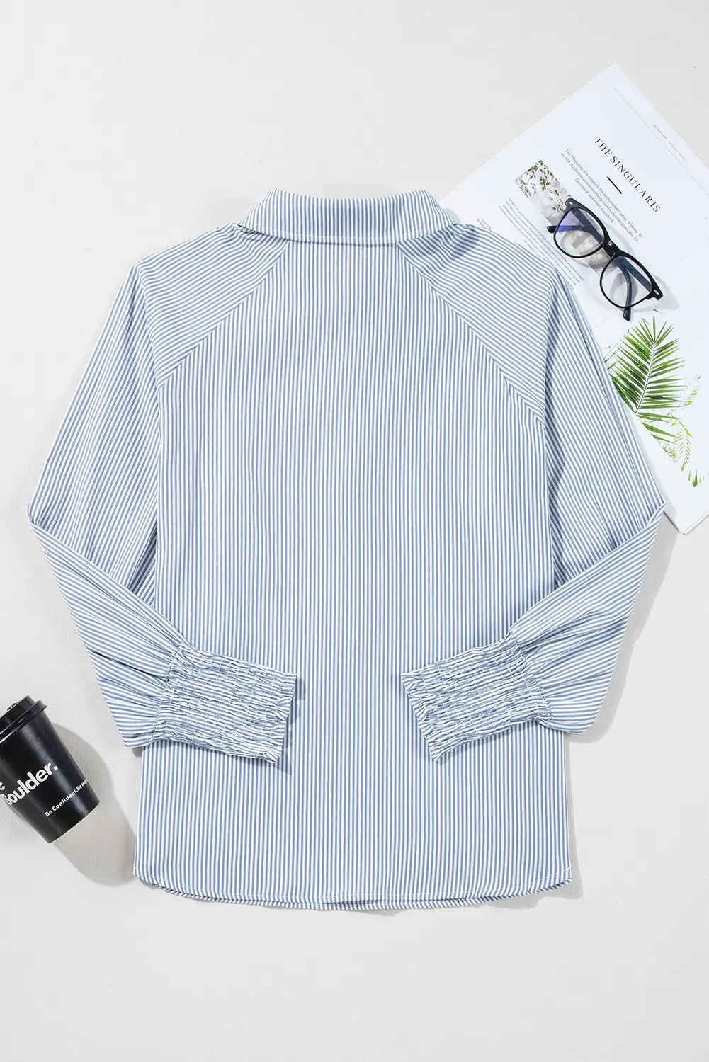 Pinstripe Long Sleeve Smocked Cuffs Button Shirt Collar Blouse – Sky Blue Stripe
