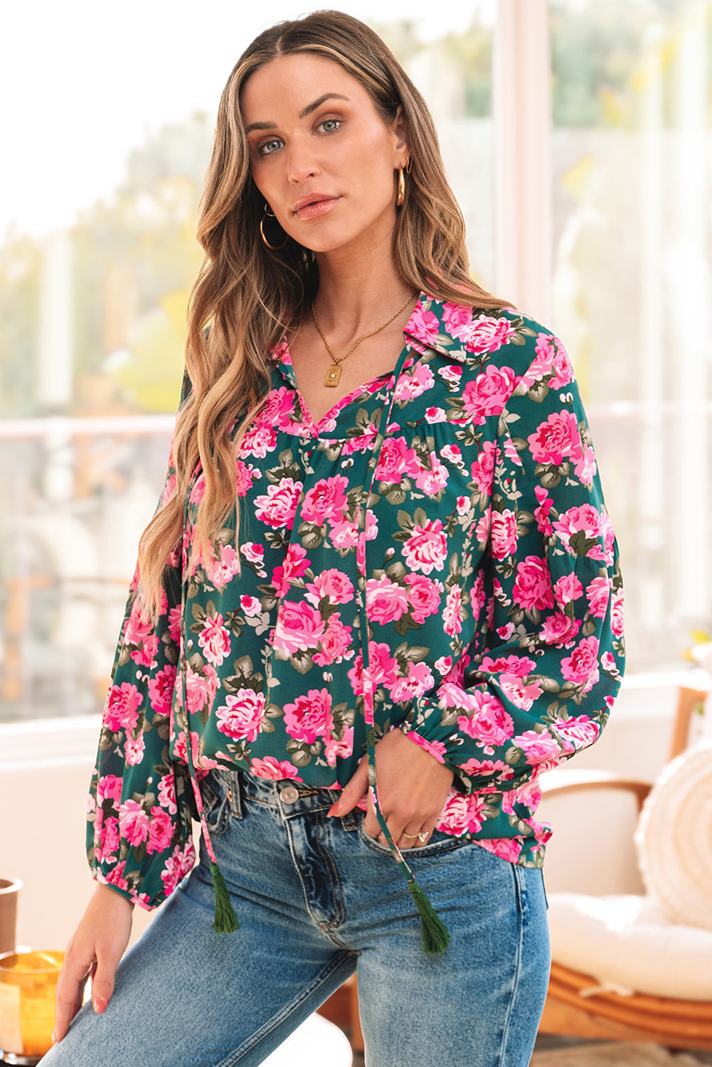 Green Floral Printed Tied Collar Puff Sleeve Blouse eAura