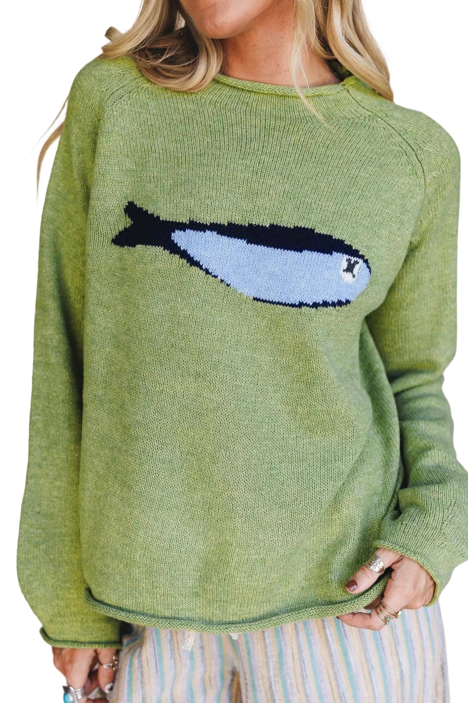 Unique Fish Knit Oversized Round Neck Sweater – Meadow Mist Green