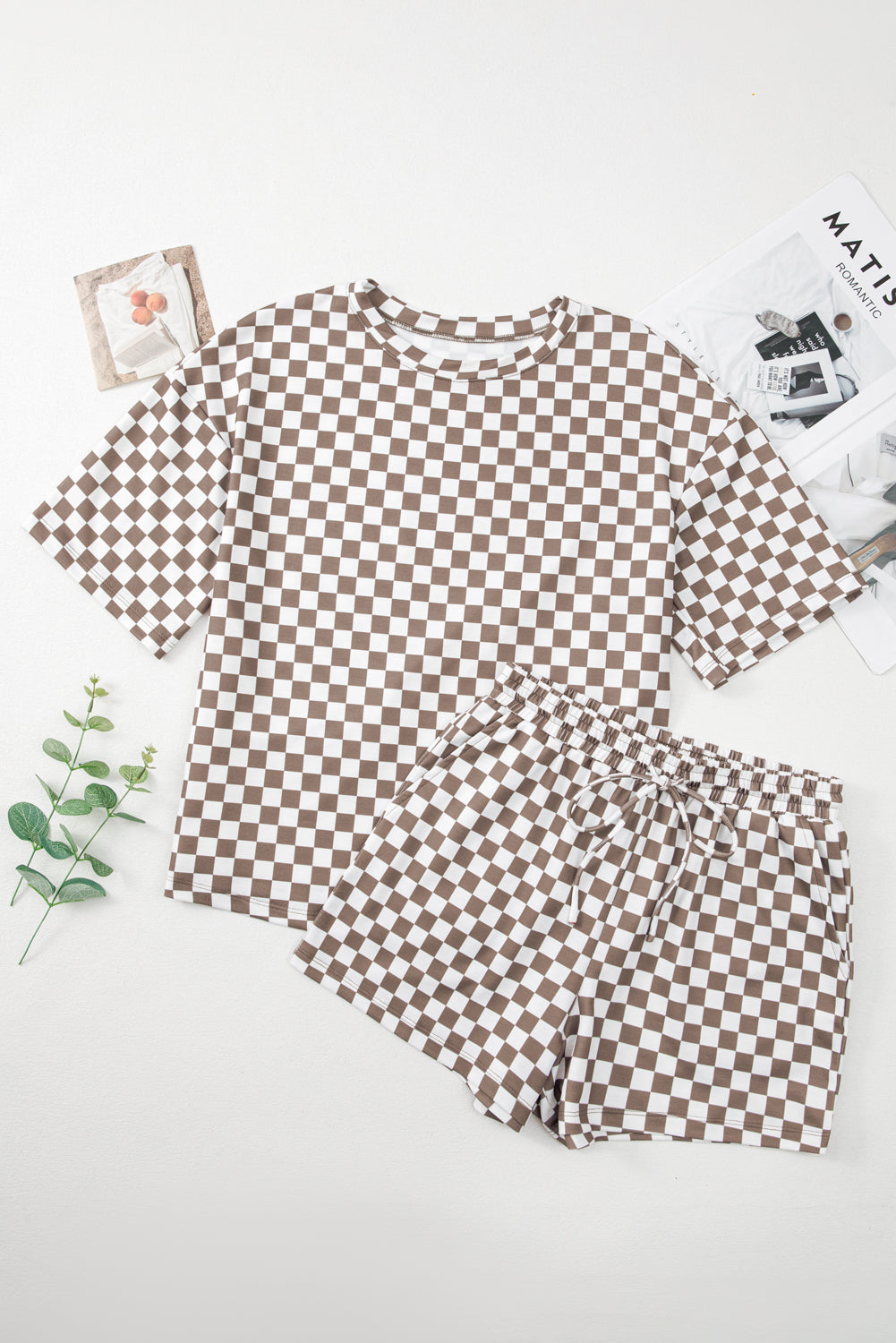 Brown Checkered Top and Short Casual 2pcs Set Co-ord eAura