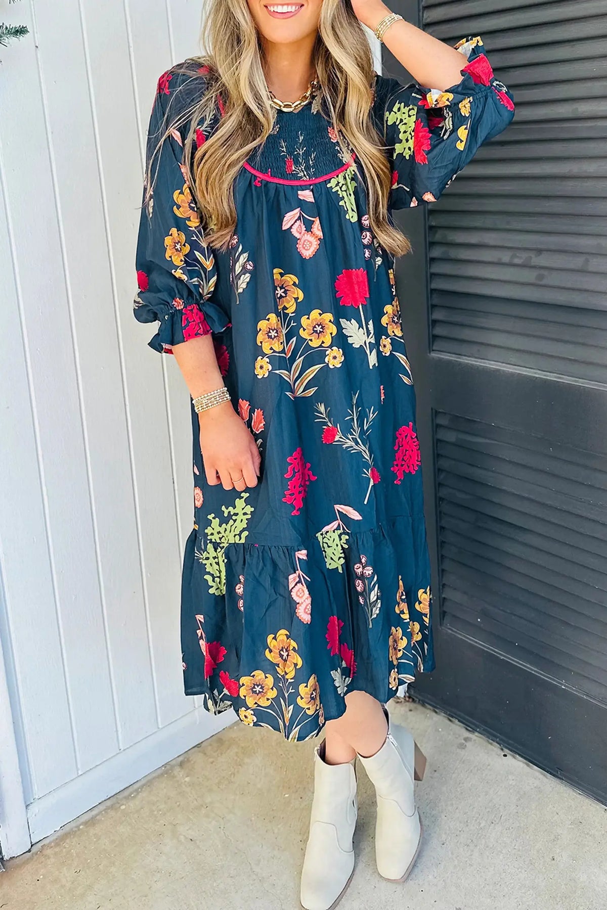 Floral Print Gathered Neckline 7/8 Sleeve Casual Midi Dress