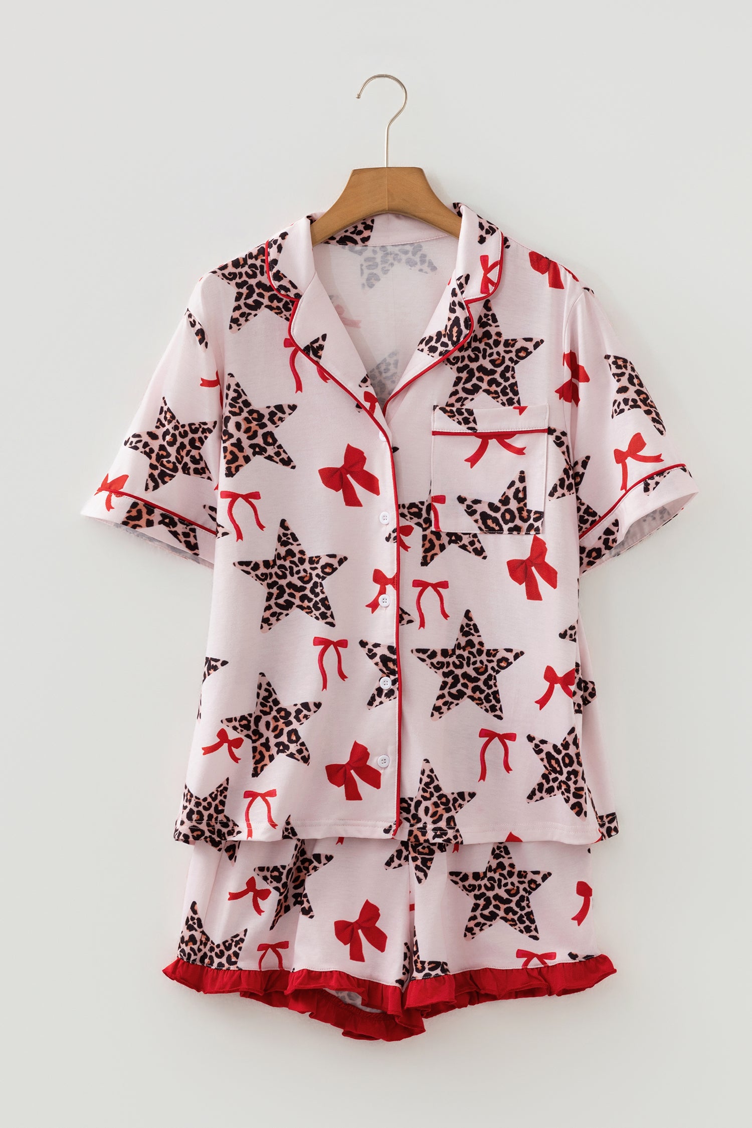 Leopard Star Bow Print Contrast Trim Short Pyjama Set - Loungewear & Sleepwear/Pyjama Shorts