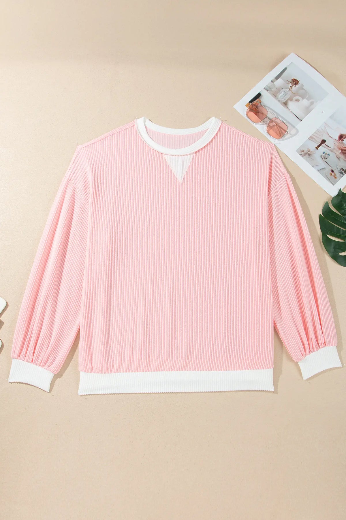 Ribbed Knit Colourblock Long Sleeve Round Neck Plus Size Blouse – Pink