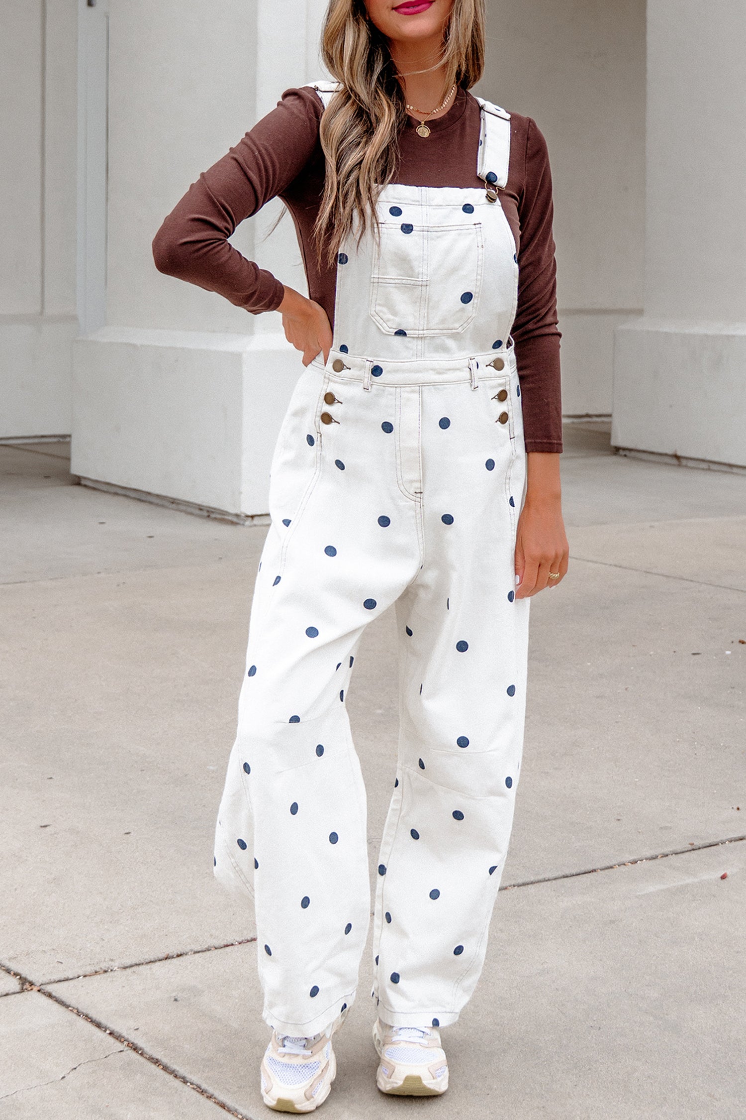 Polka Dot Print Bib Pocket Denim Barrel Overalls