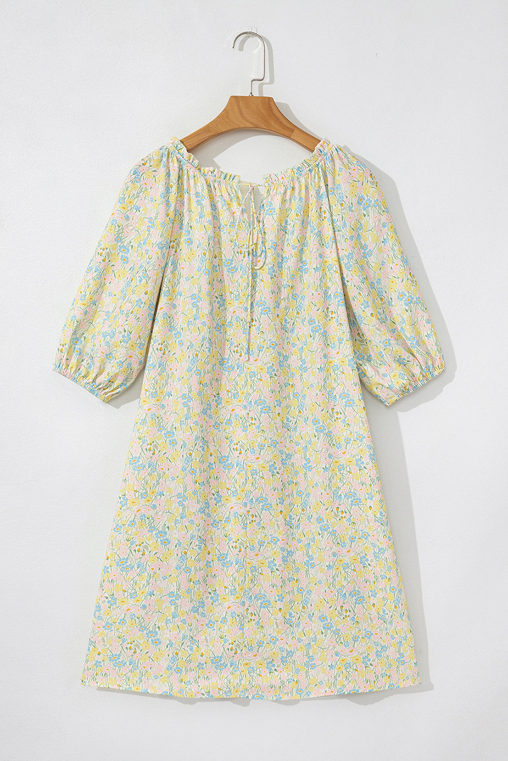 Green Floral Half Sleeve Frilled U Neck A-line Short Dress eAura