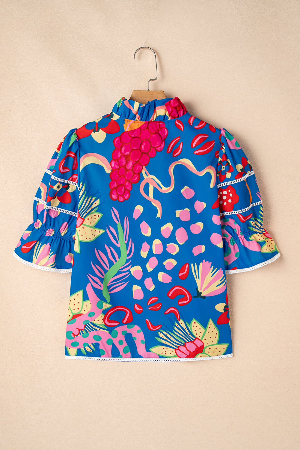 Blue Abstract Print Frilled Collar Ruffled Puff Short Sleeve Top eAura