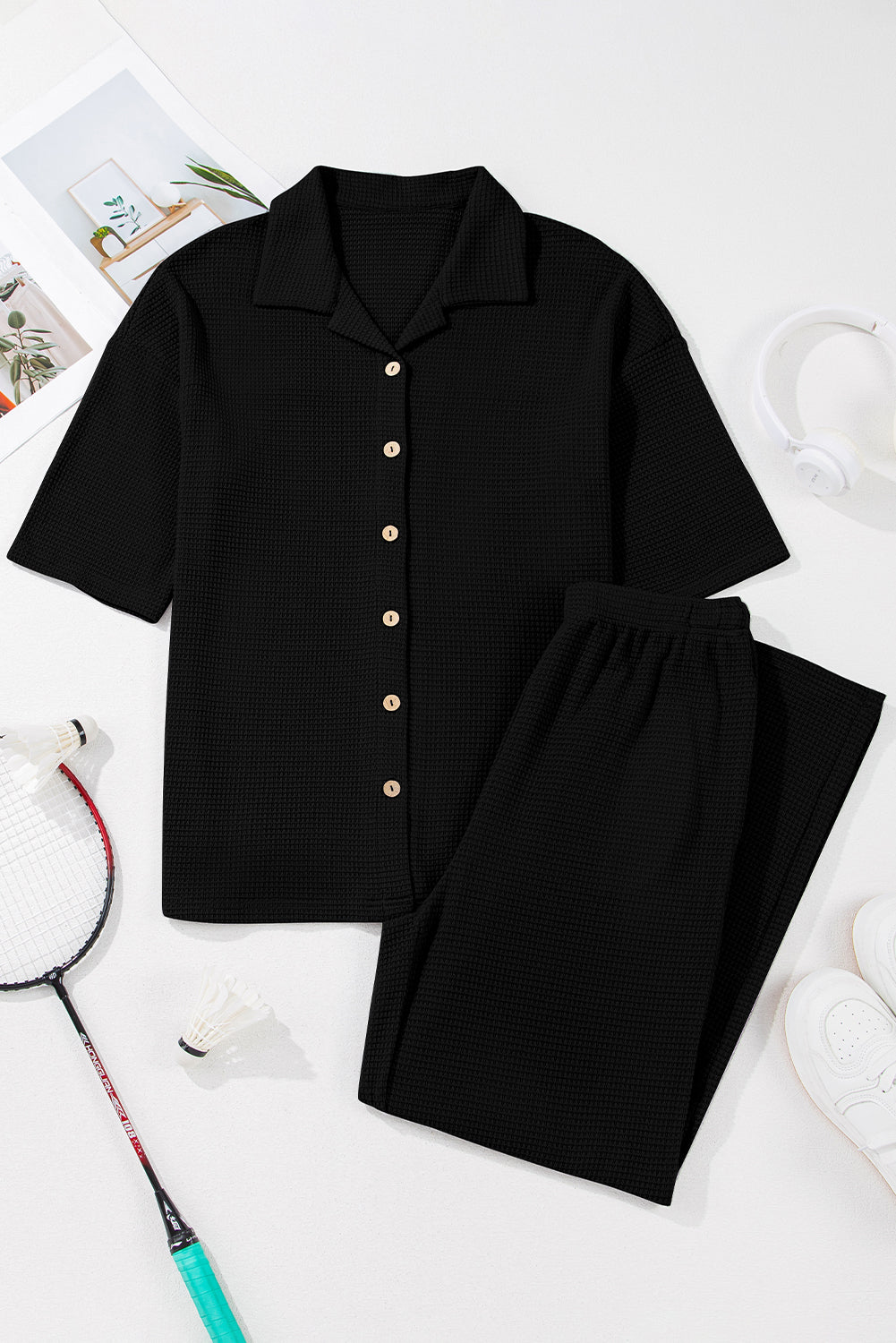 Black Solid Colour Textured Buttoned Shirt and Casual Trousers Set eAura