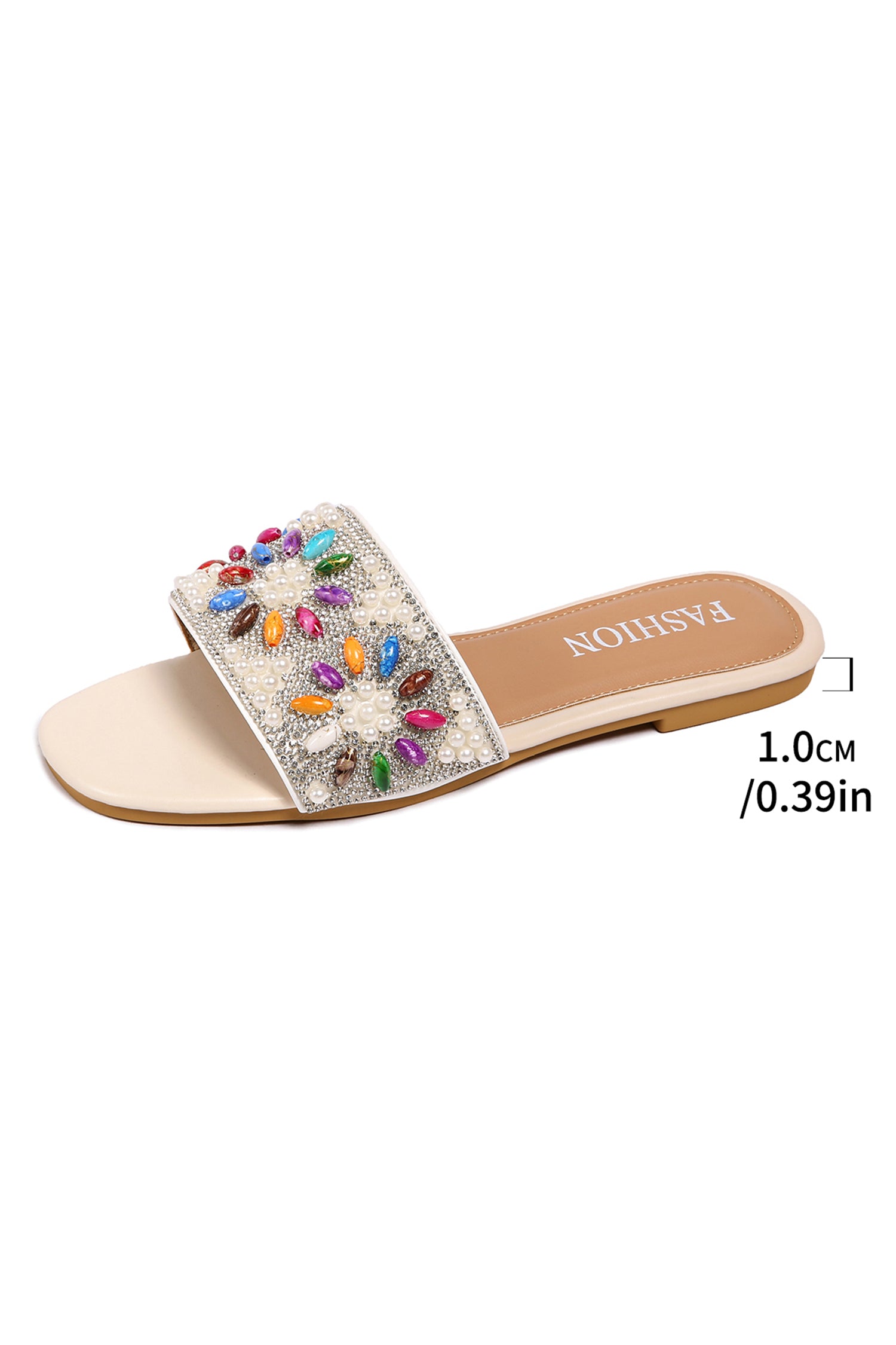 Rhinestone & Pearl Square Toe Beach Slippers – White