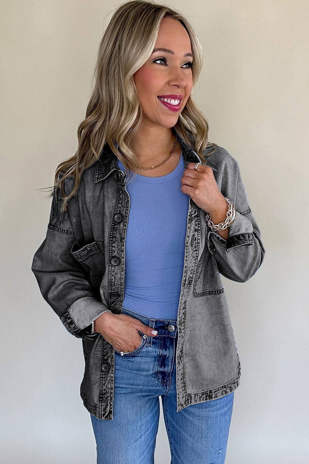 Medium Grey Mineral Wash Patched Pocket Split Denim Jacket eAura