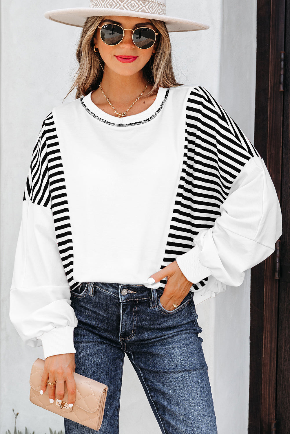 Striped Contrast Stitching Oversized Sweatshirt - eAura