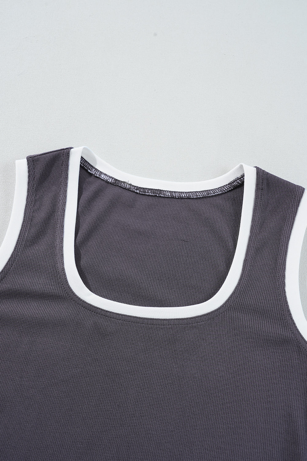 Carbon Grey Ribbed Knit Colourblock Edge U Neck Slim Fit Tank Top eAura