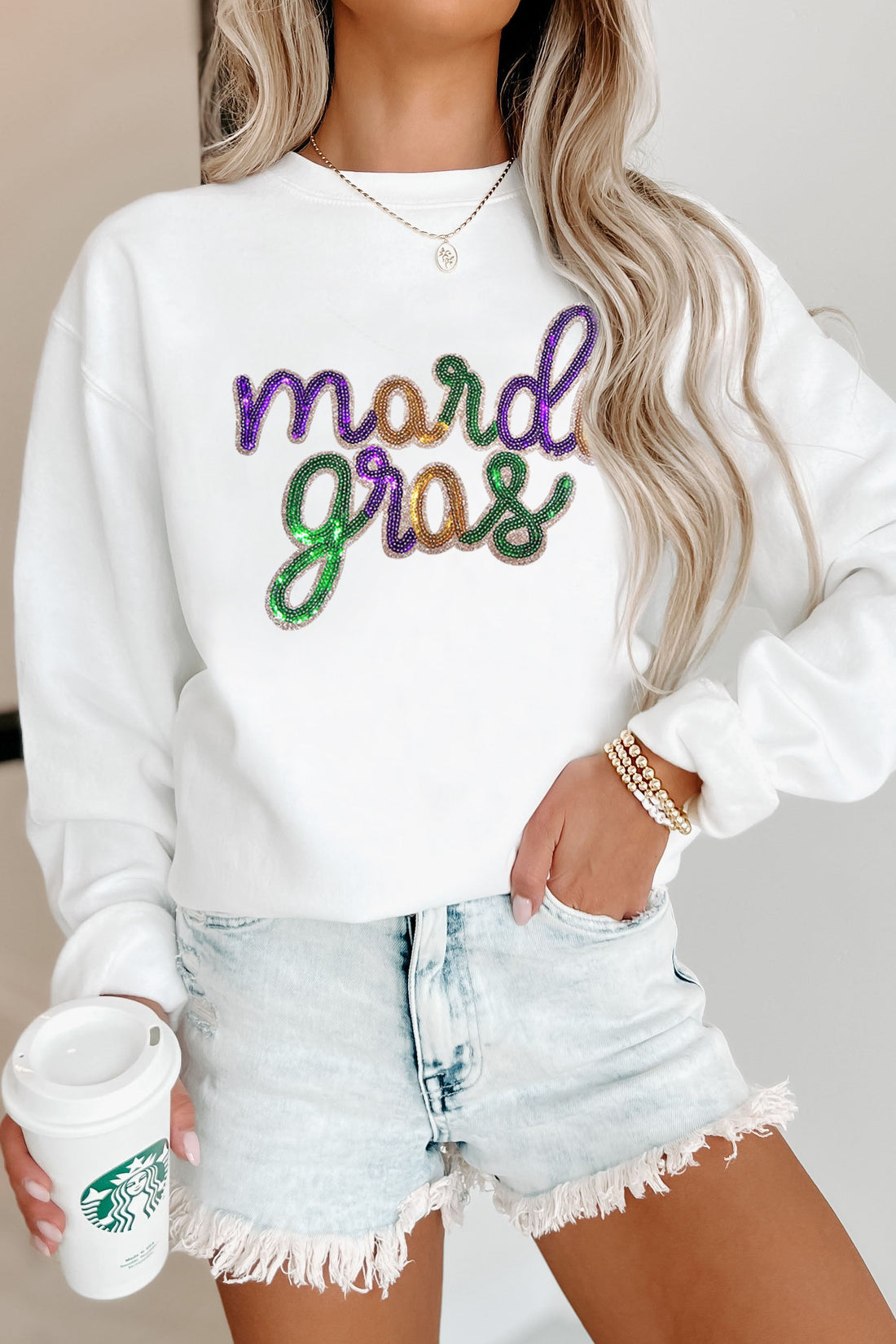 White Sequined mardi gras Graphic Crew Neck Drop Shoulder Sweatshirt eAura
