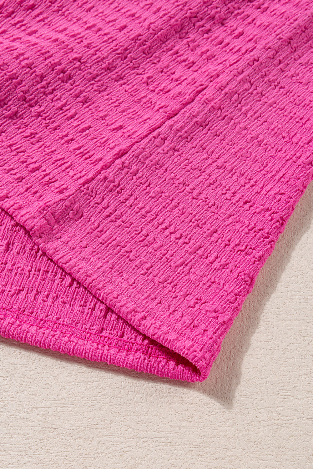 Bright Pink Plus Size Textured Folded Sleeve V Neck T Shirt BB Fashion Outlet