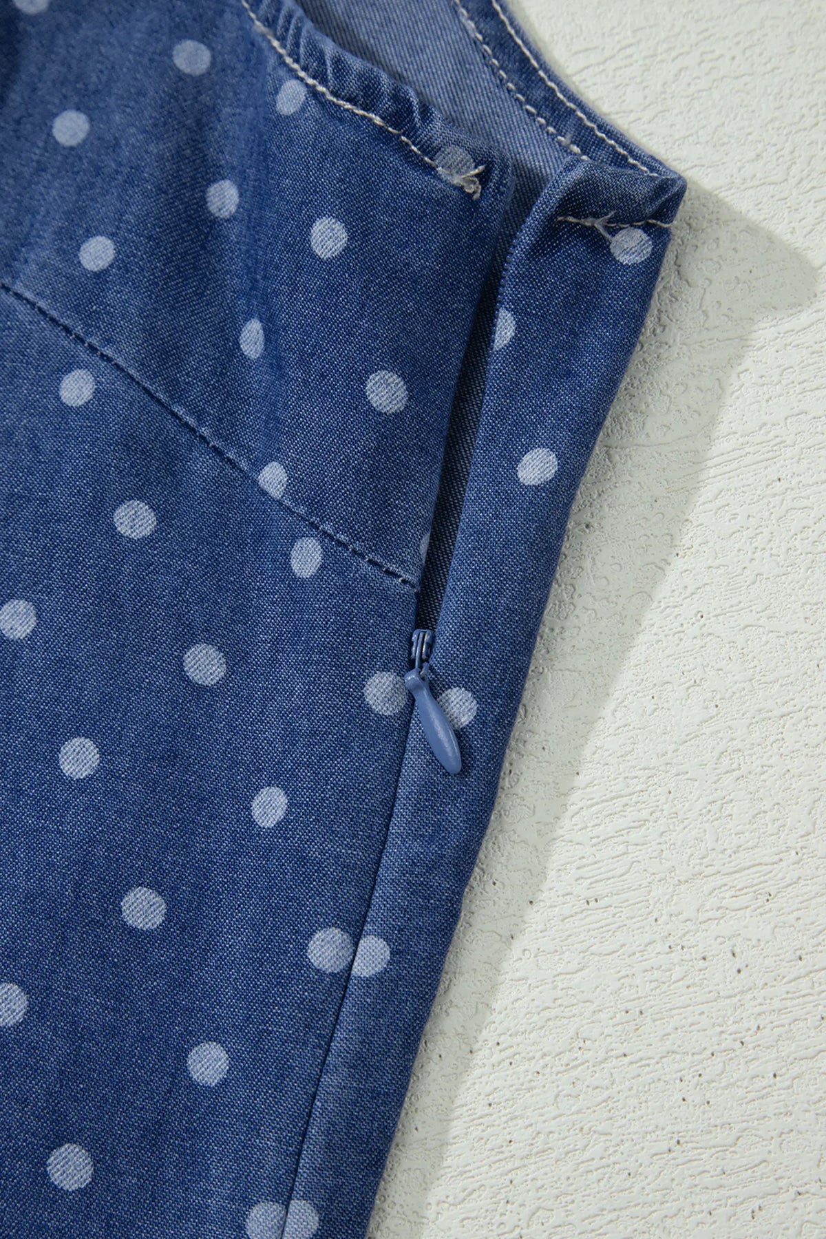 Polka Dot Ruffle Hem Sleeveless Denim Mini Dress – Blue