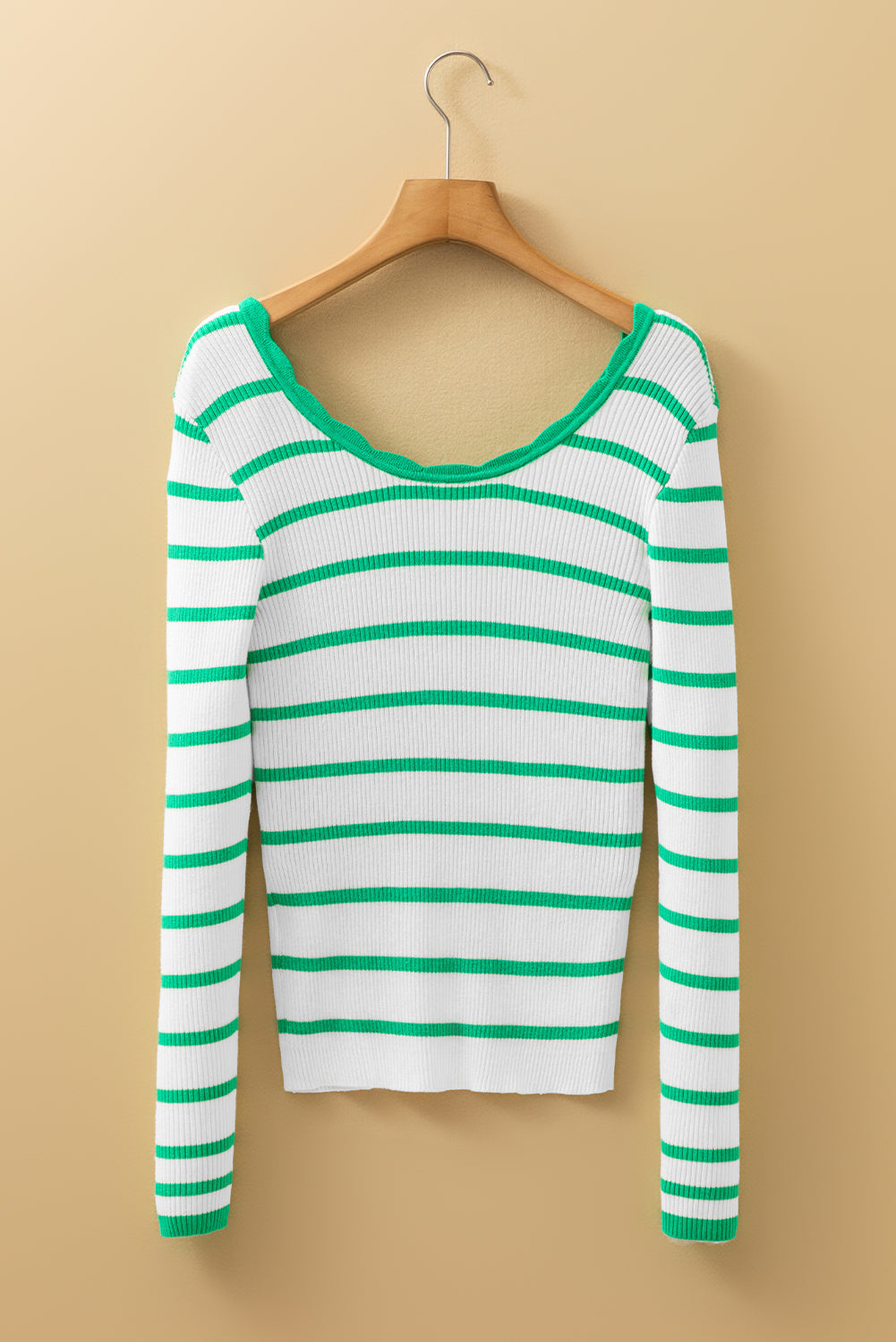 Scalloped Trim U-Neck Striped Ribbed Slim Sweater Dear-Lover Dropshipping