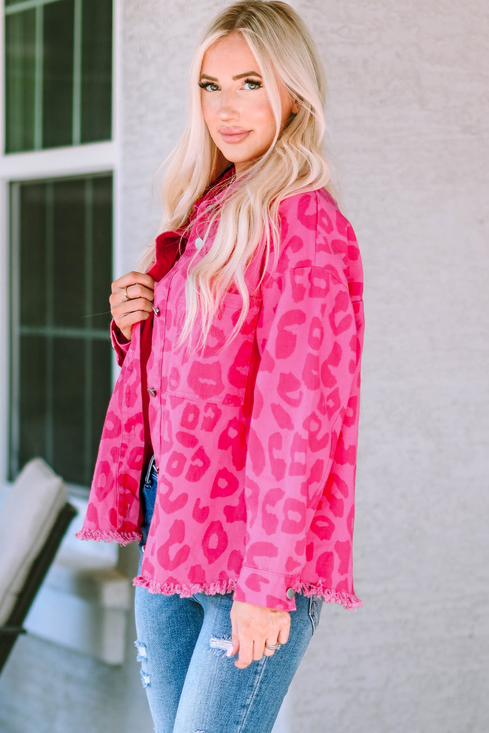 Pink Leopard Print Button Cuffs Raw Hem Jacket eAura