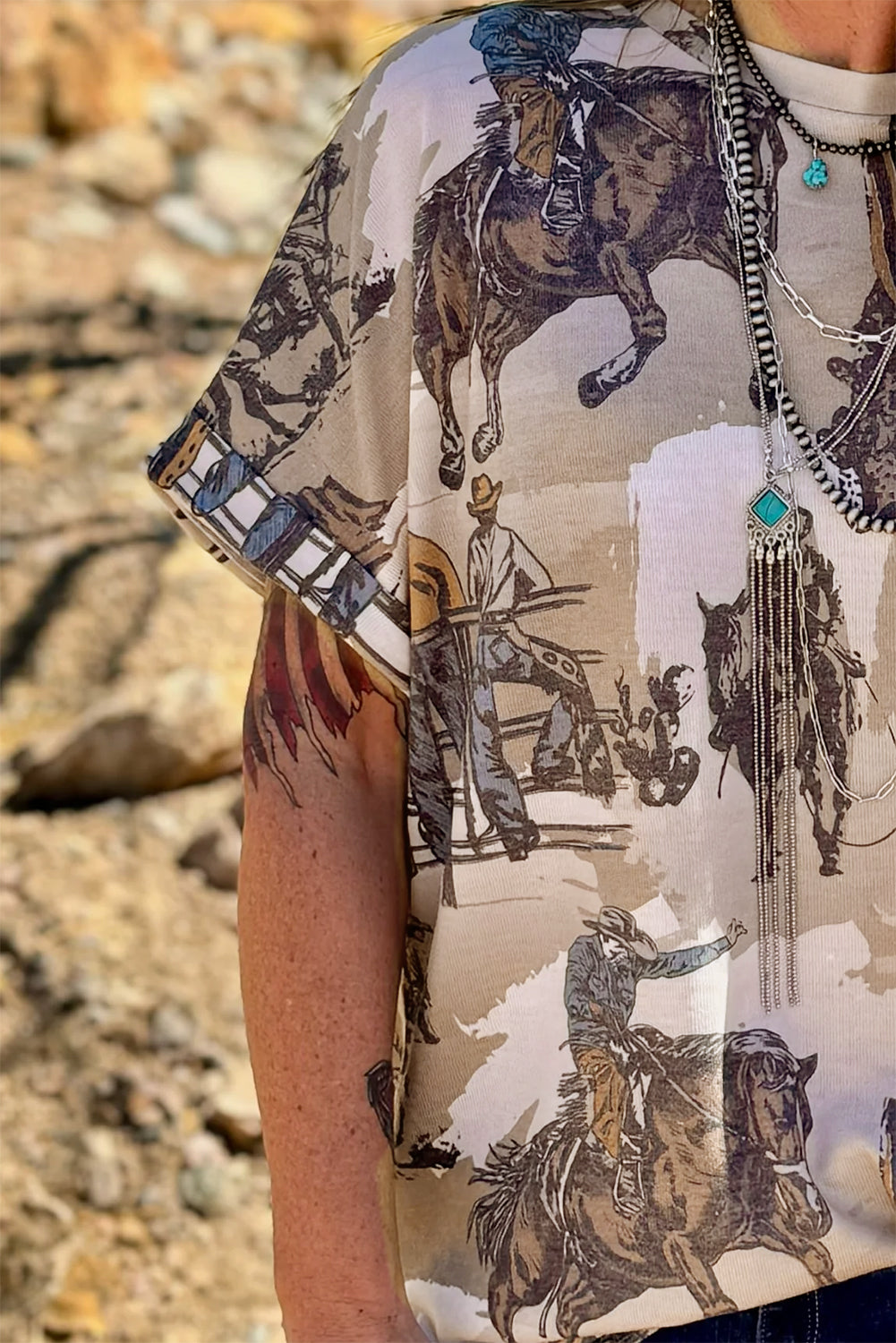 Khaki Western Cowboy Print Cuffed Sleeve Crewneck T Shirt eAura