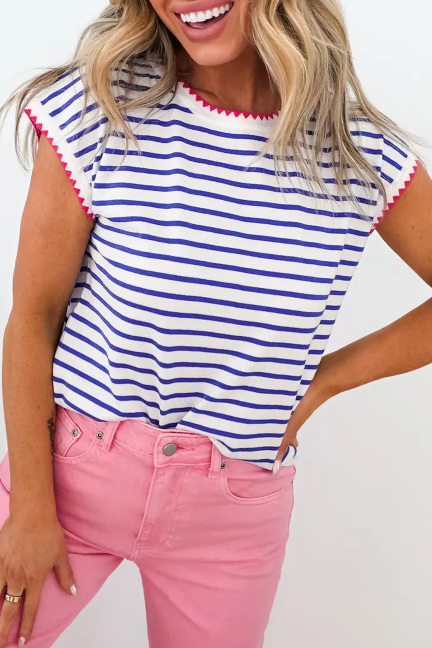 Contrast Trim Round Neck Cap Sleeve Tee – Blue Stripe