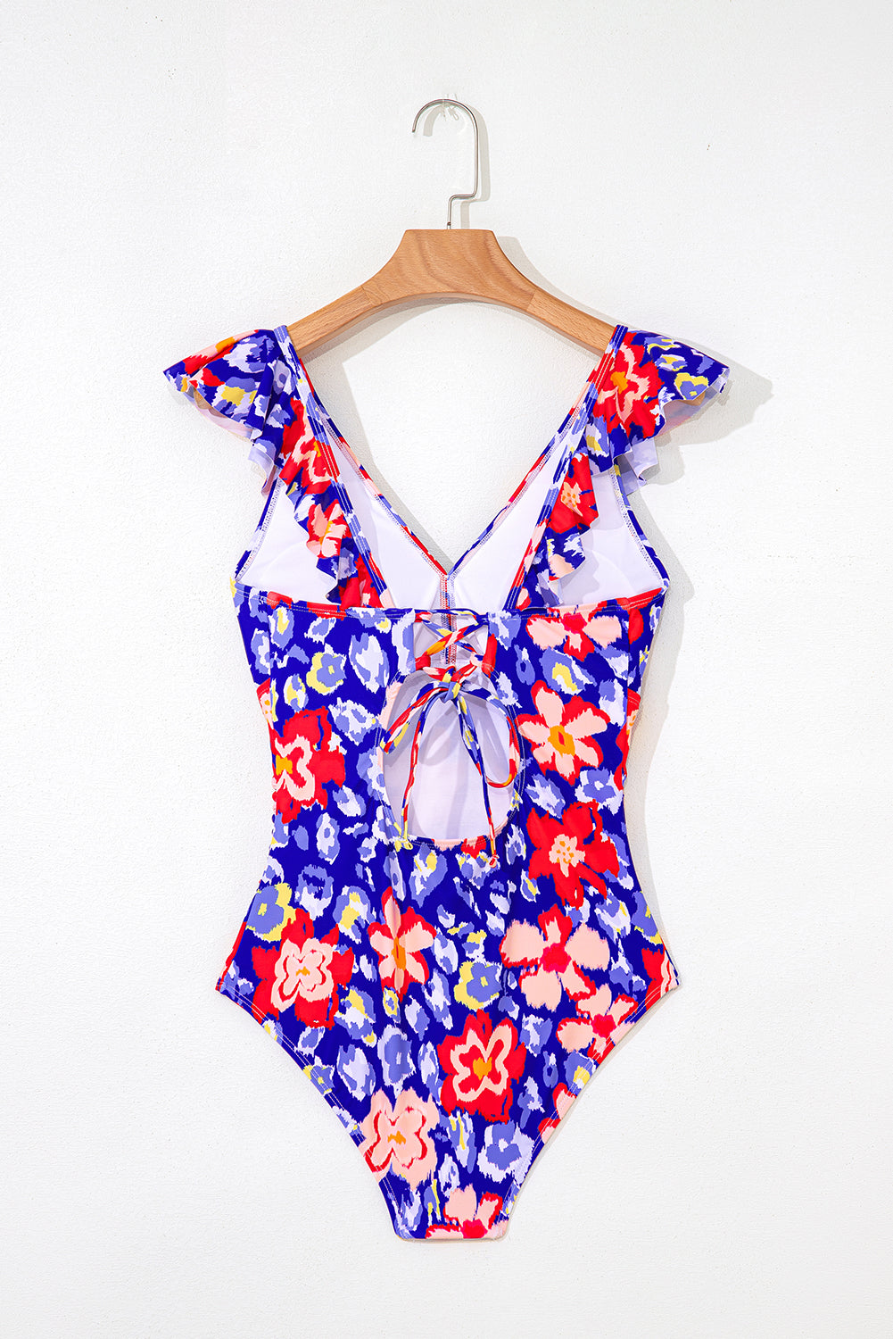 Blue Floral Ruffle Trim V Neck Lace-up Back Tummy Control One Piece Swimsuit eAura