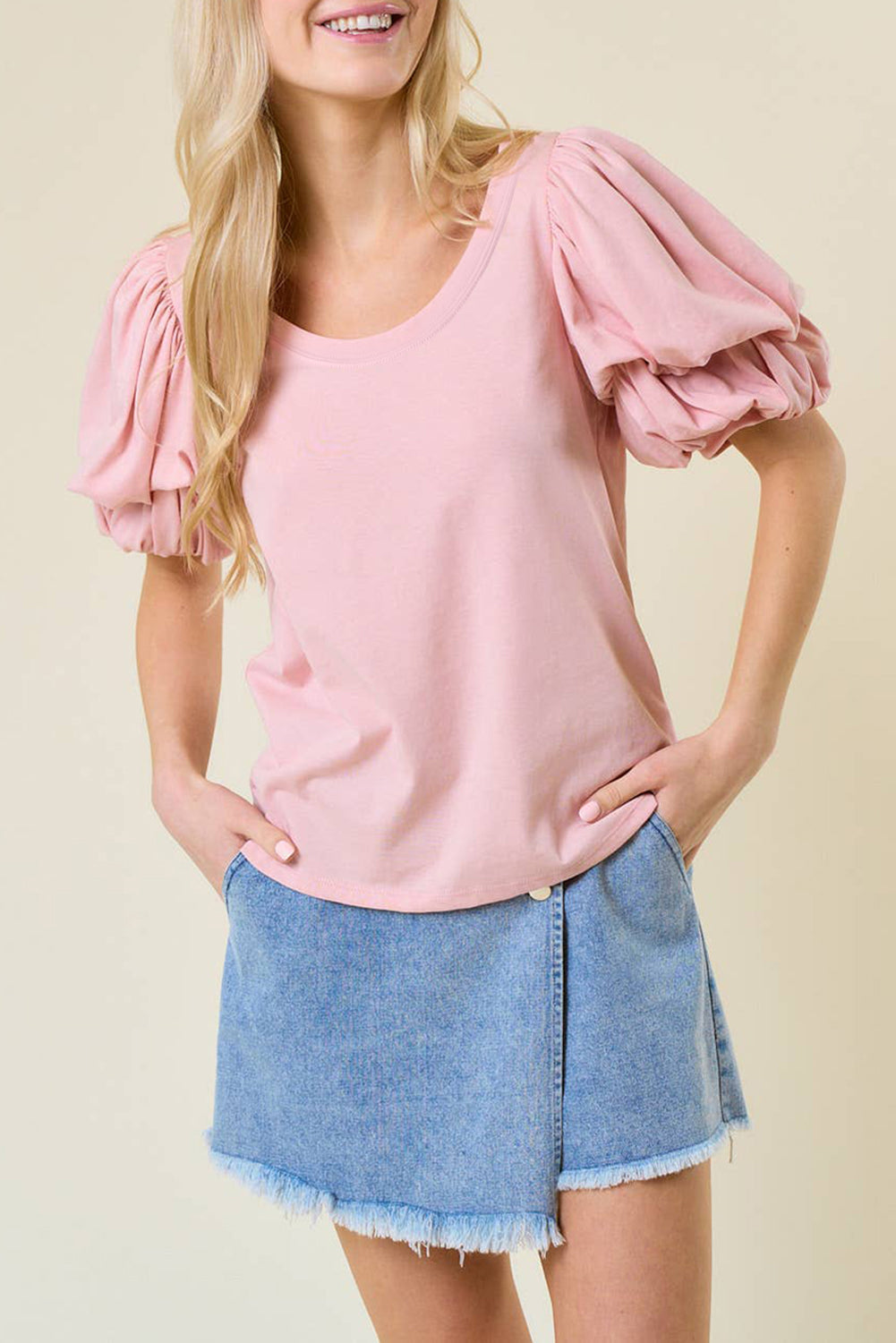 Light Pink Scoop Neck Bubble Sleeve Tee eAura