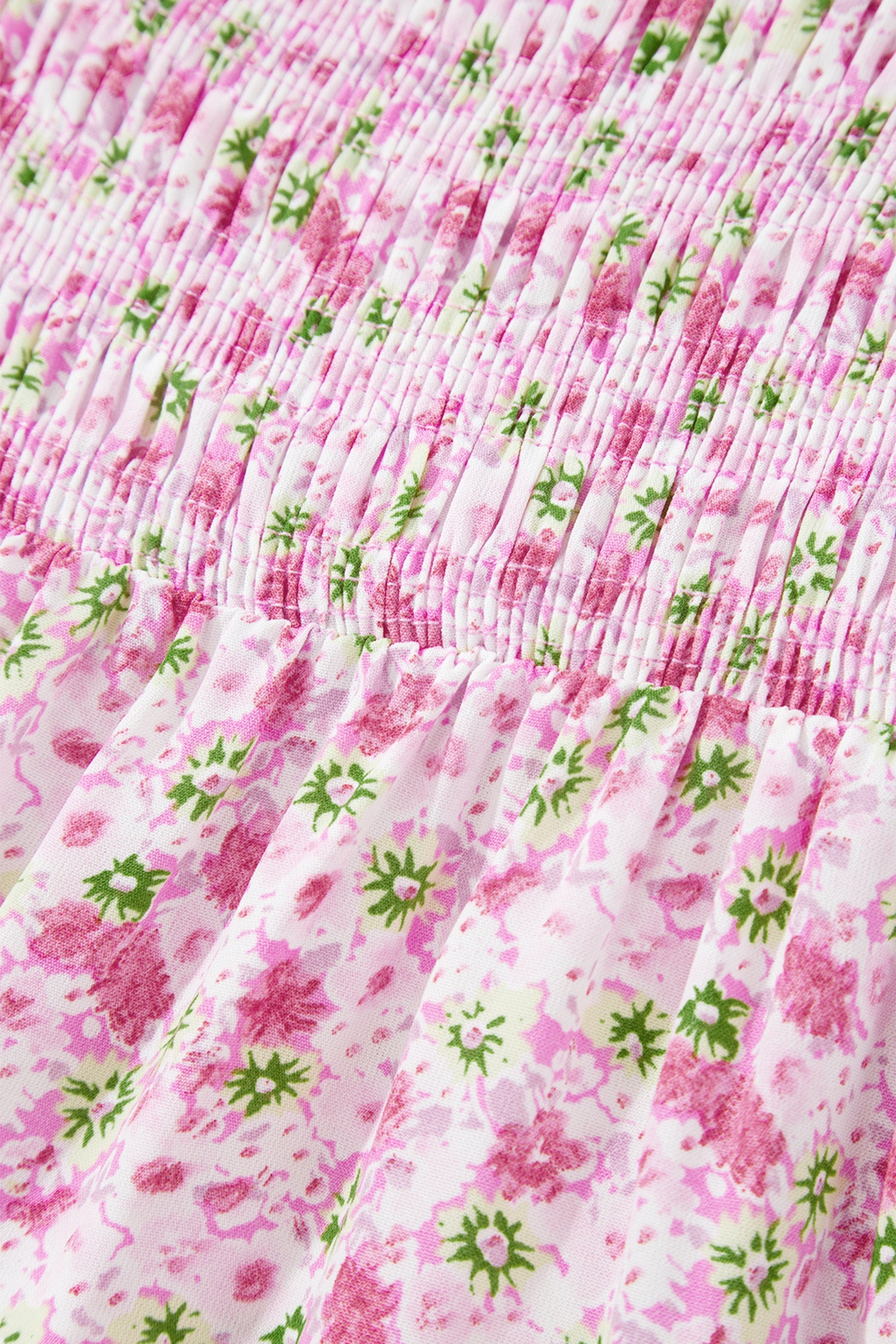 Floral Short Bubble Sleeve Shirred High Waist Maxi Dress – Pink