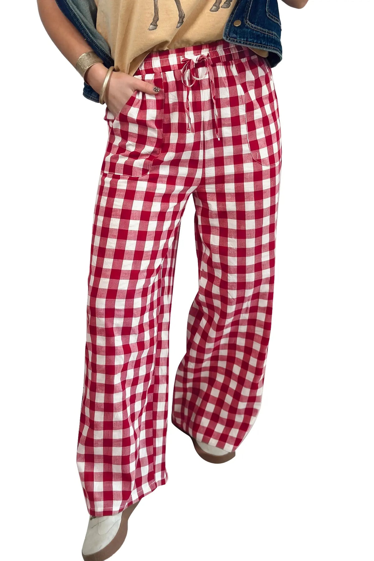 Tie Elastic Waist Shift Pants — Gingham Plaid