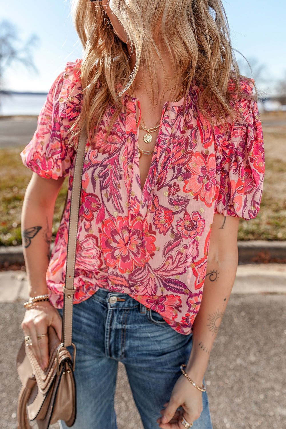 Red Floral Print Ruffled Puff Short Sleeve Blouse eAura