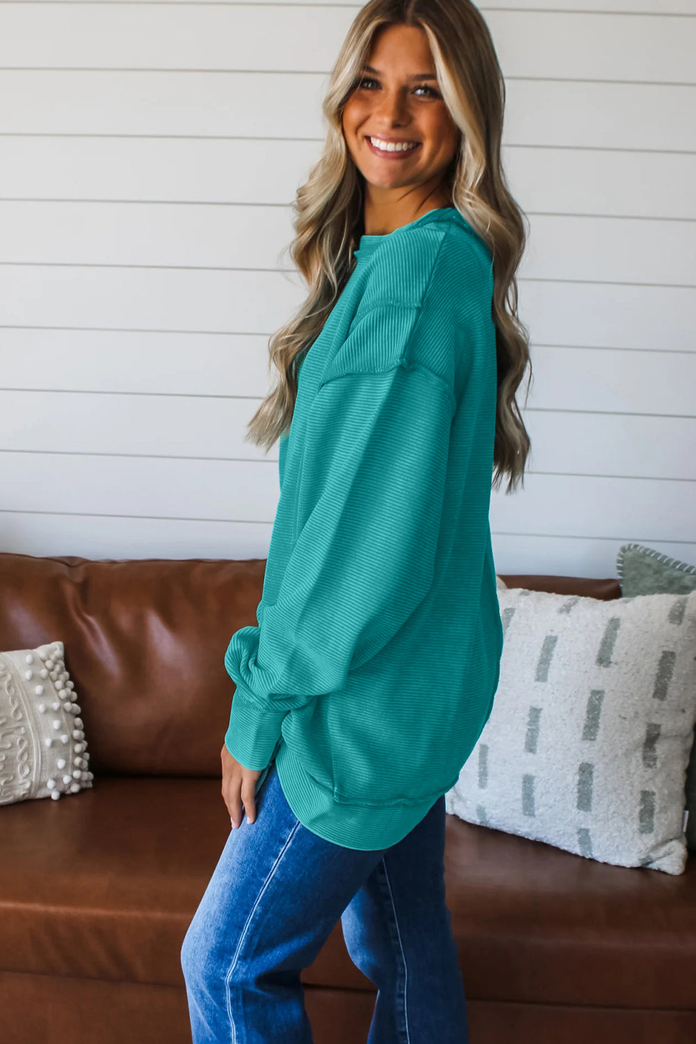 Horizontal Ribbed Exposed Seam Detail Drop Shoulder Baggy Pullover