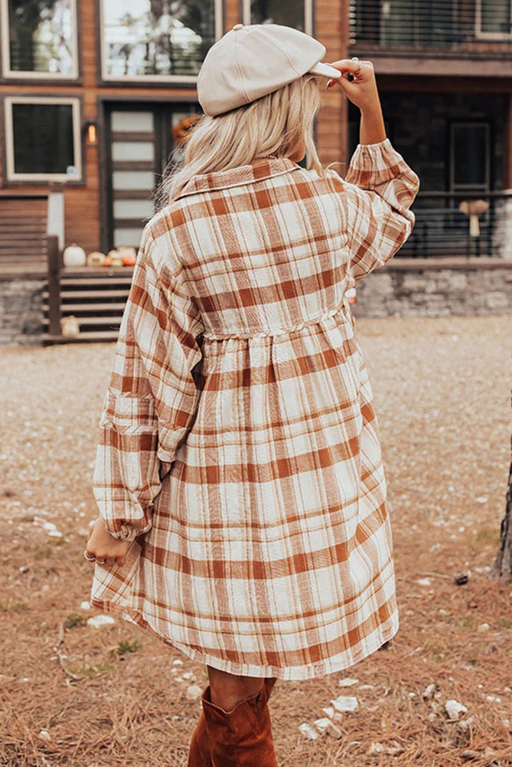 Brown Plaid Print Side Pockets Frilled Babydoll Mini Dress BB Fashion Outlet