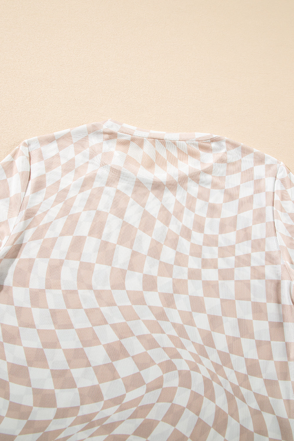 Khaki Checkered Pattern Mesh Mock Neck Long Sleeve Top eAura