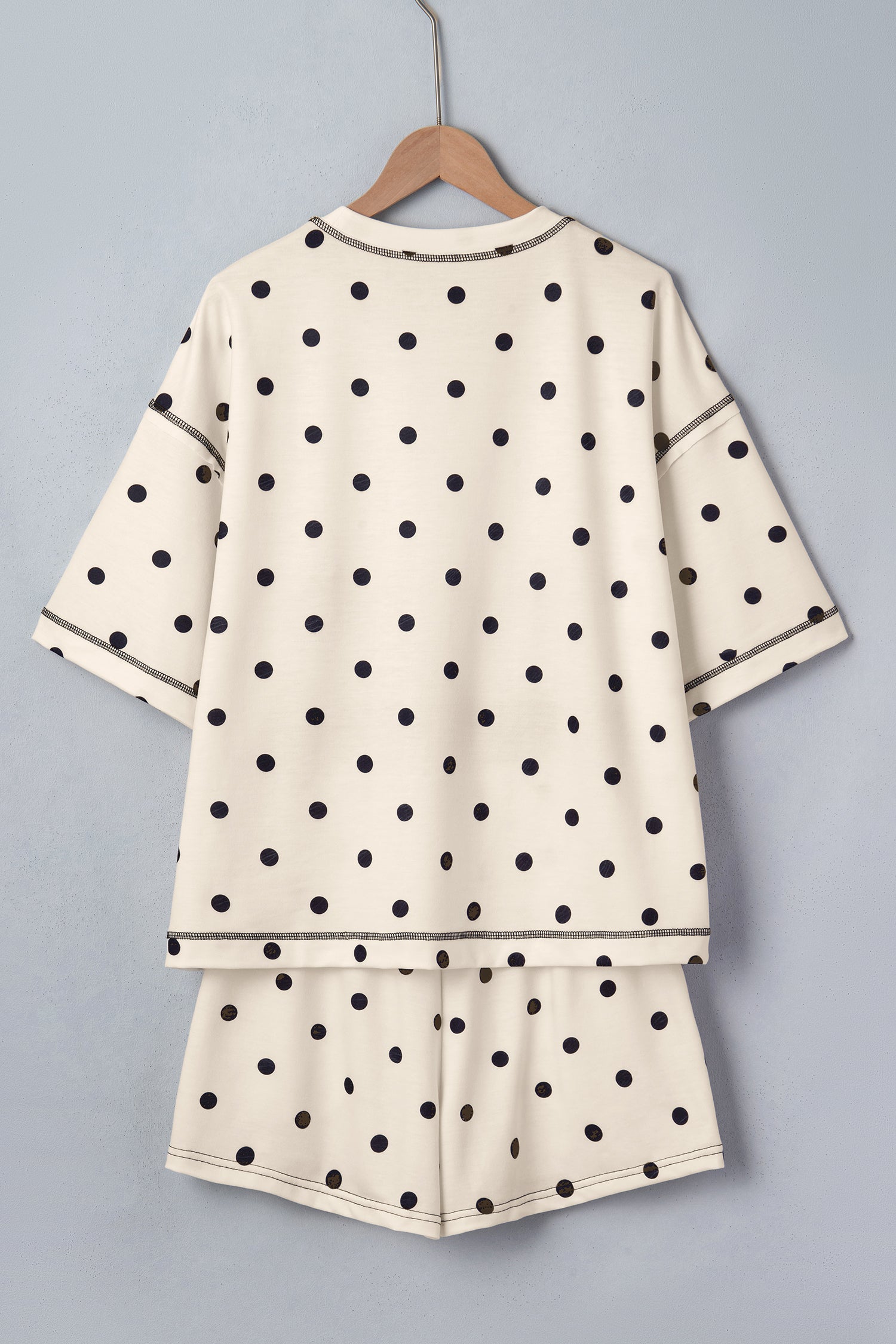 Exposed Seam Detail Polka Dot Loose Tee Drawstring Shorts Set – White