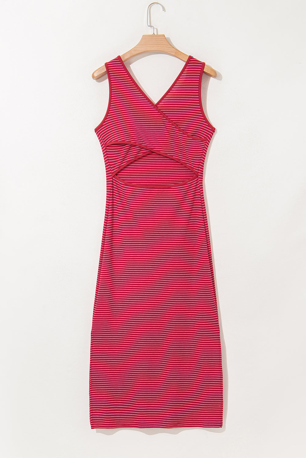 Black Stripe Criss Cross Side Slits Slim Fit Sleeveless Midi Dress eAura