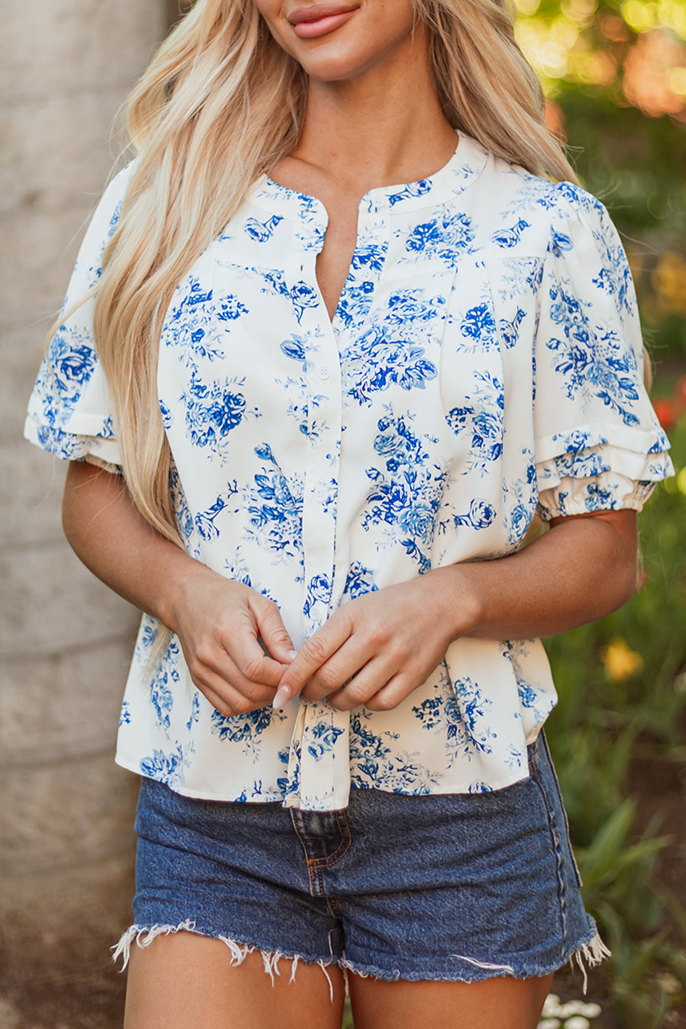 Sky Blue Floral Tiered Puff Short Sleeve Pleated Bust Buttoned Casual Shirt eAura