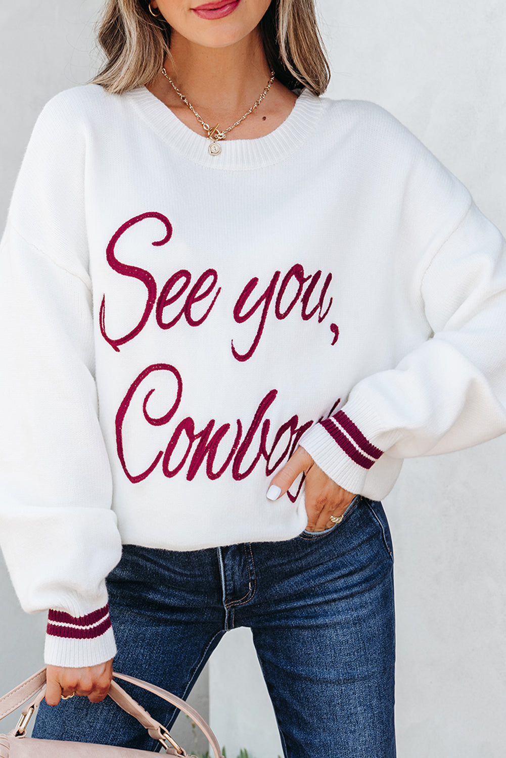 White See You Cowboy Embroidered Western Graphic Sweater eAura