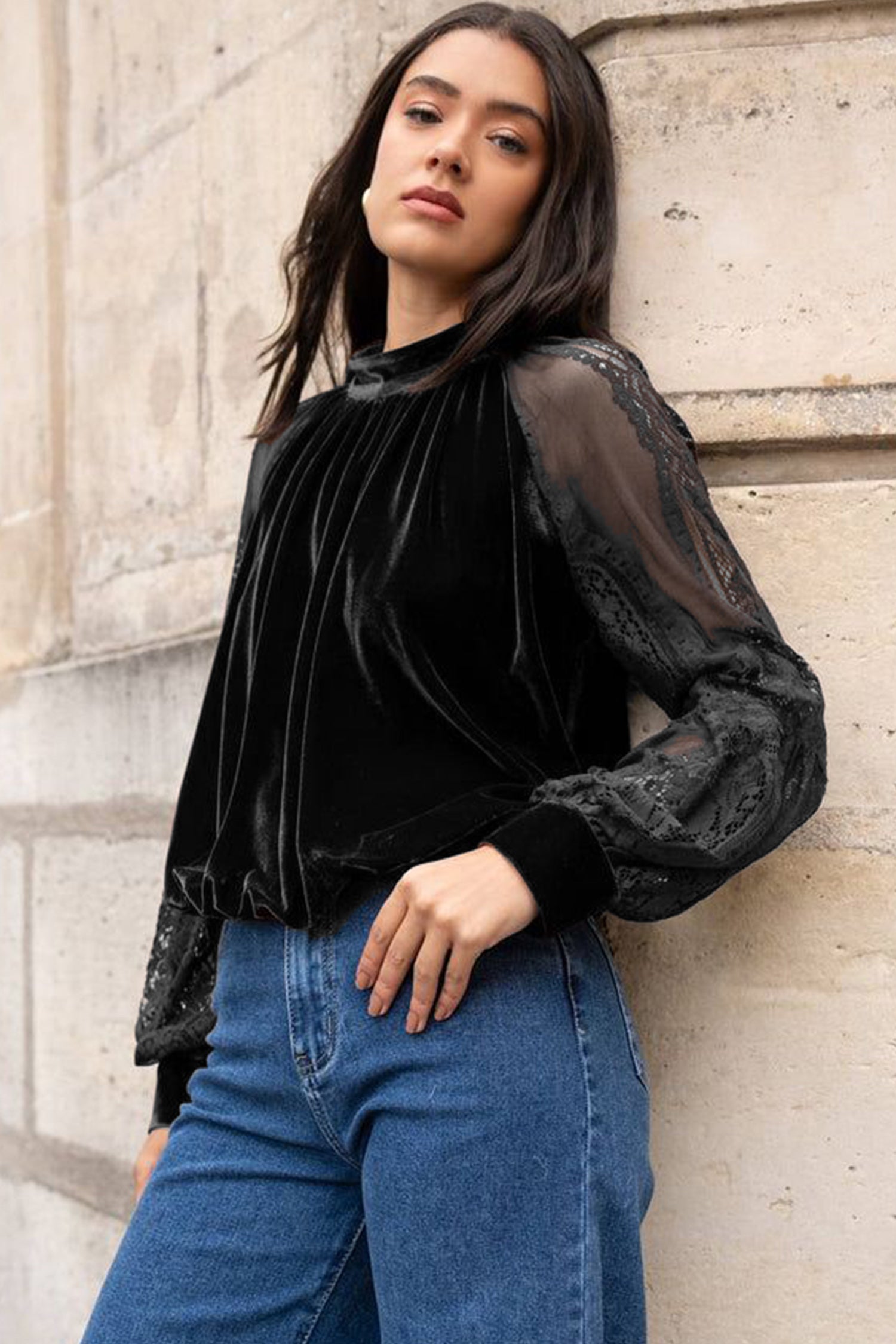 Solid Color Sheer Lace Long Sleeve Patchwork Stand Neck Velvet Blouse – Color Black