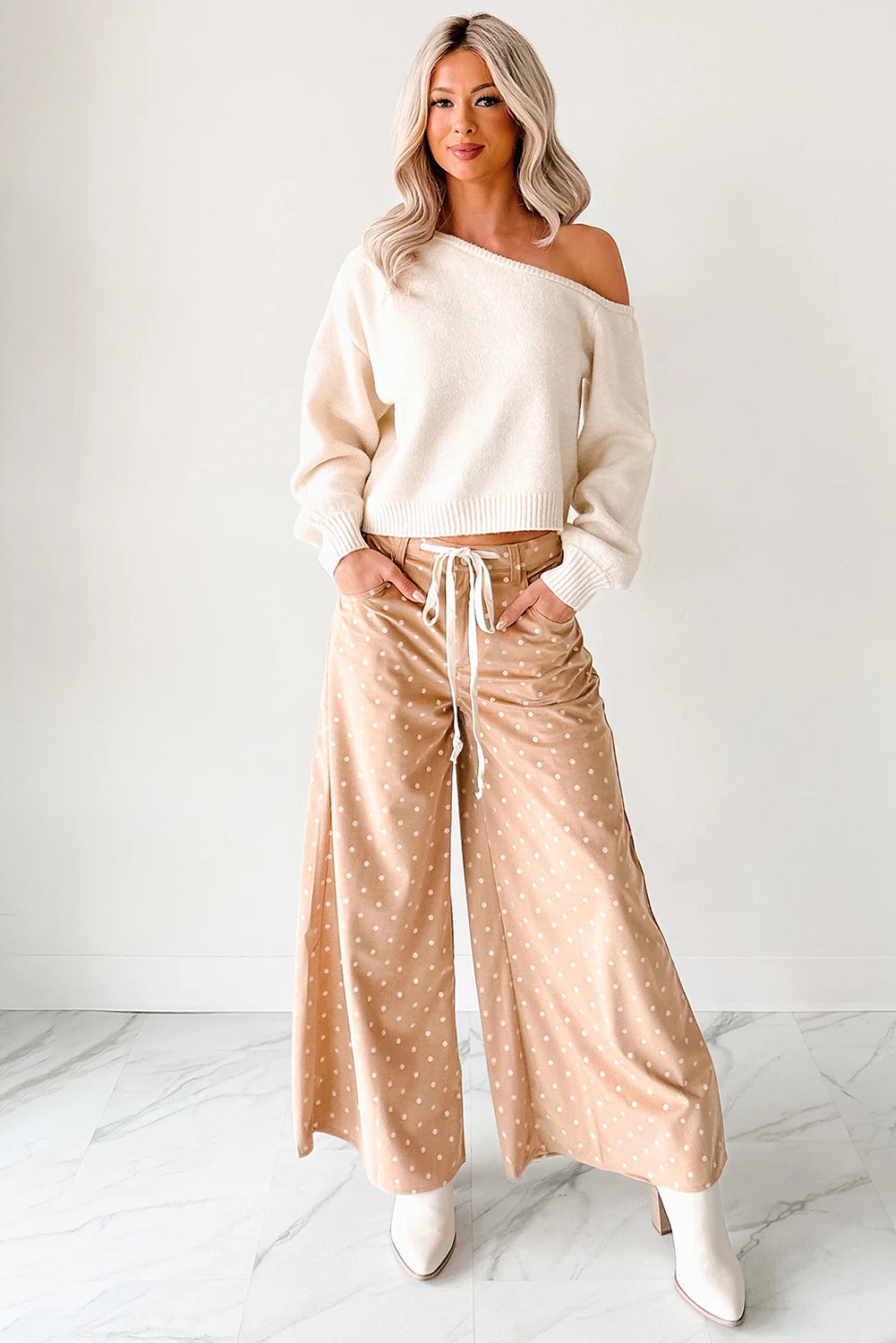 Khaki Polka Dot Print Drawstring Wide Leg Pants - Bottoms/Pants & Culotte