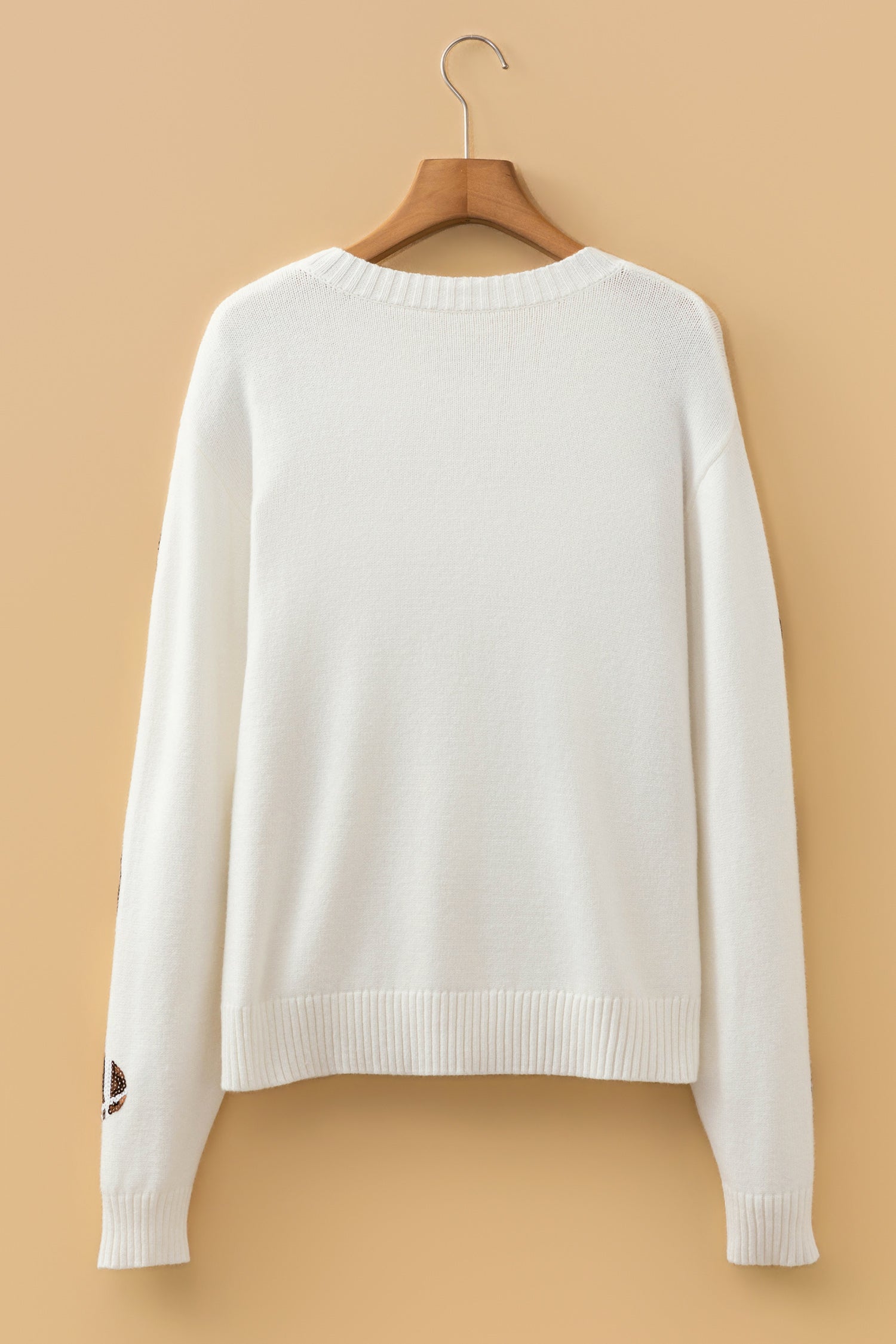 Sequin Football Print Round Neck Long Sleeve Loose Fit Sweater – Beige