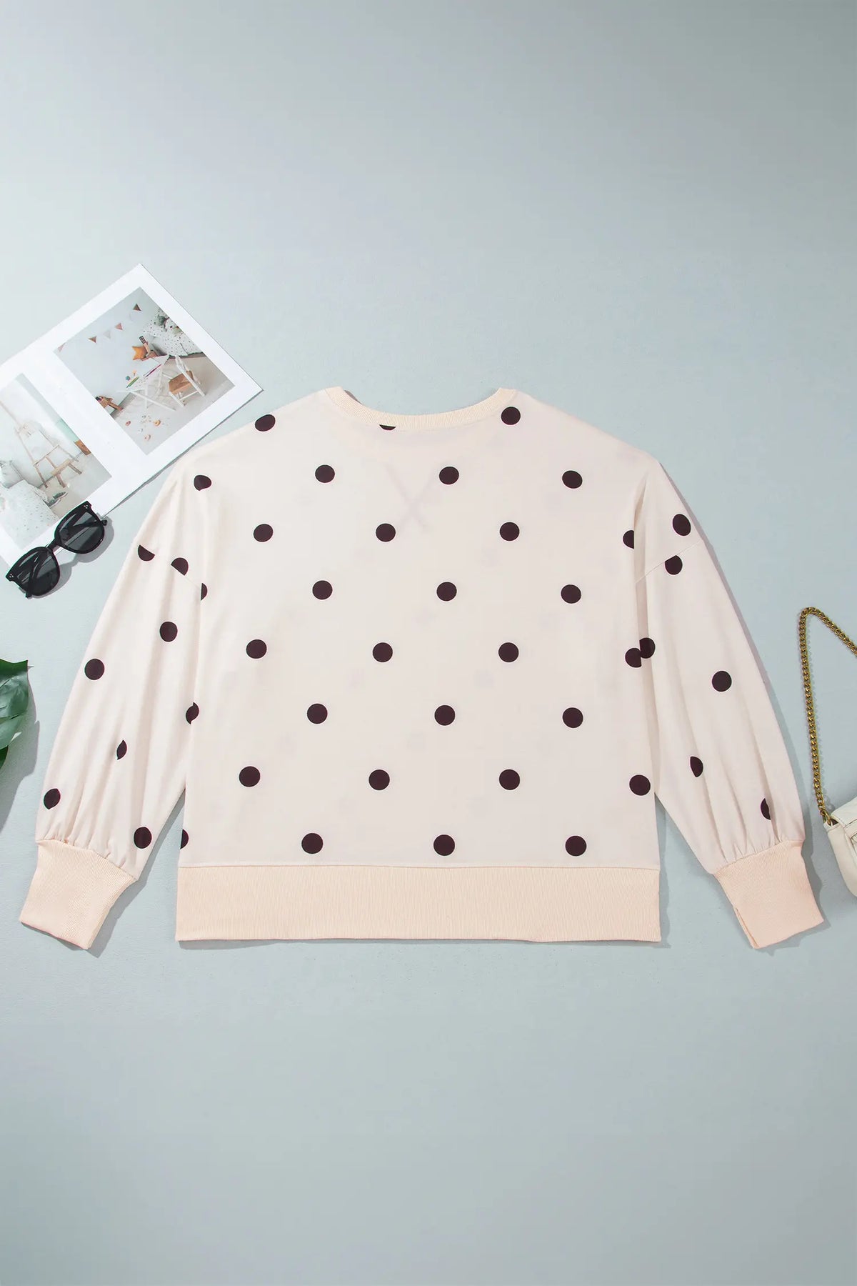 Round Neck Long Sleeve Polka Dot Plus Size Top – Beige