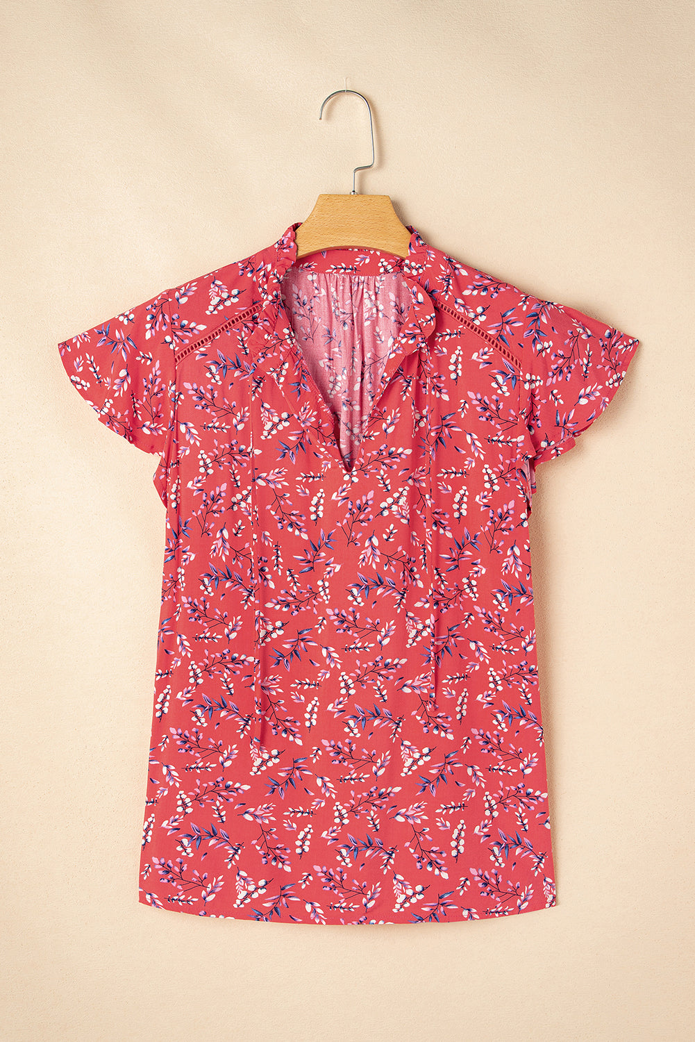 Red Floral Tie Split Neck Short Flounce Sleeve Crinkled Blouse eAura