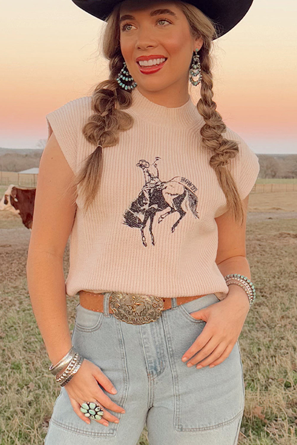 Cowboy Graphic High Neck Short Sleeve Knit Top - Sweaters & Cardigans/Short