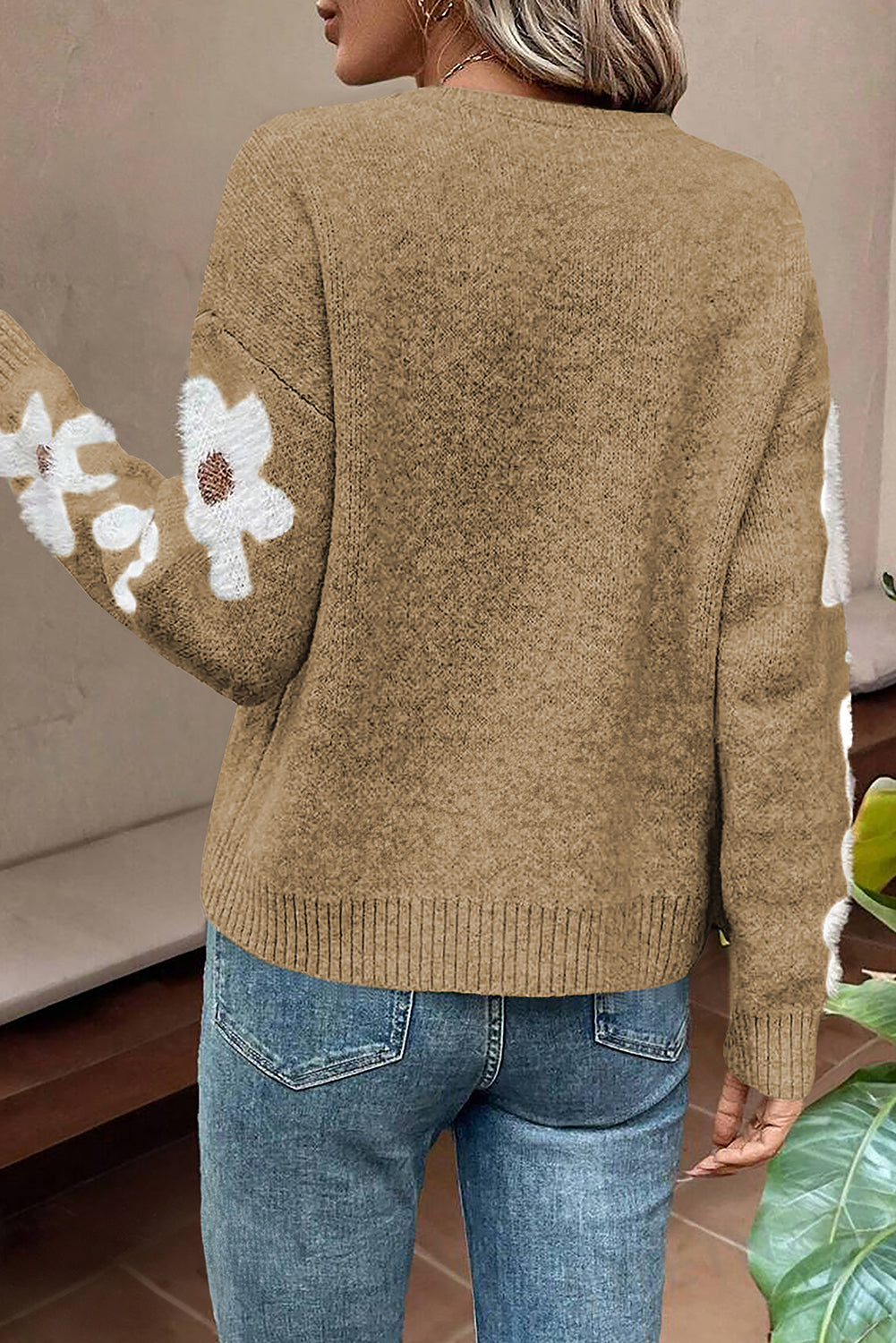 Light Grey Flower Sleeve Drop Shoulder Sweater eAura