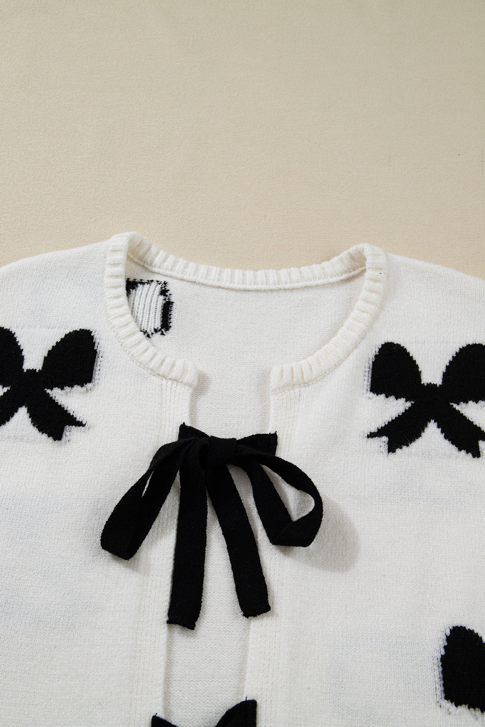 White Lace-up Bow Pattern Sweater Cardigan - eAura