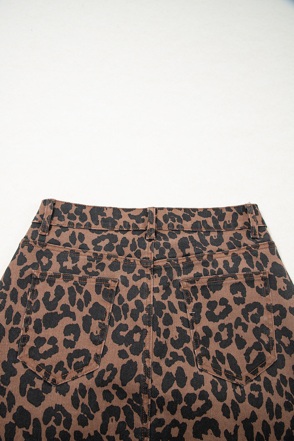 Leopard Denim Frayed Split Denim Midi Skirt - eAura