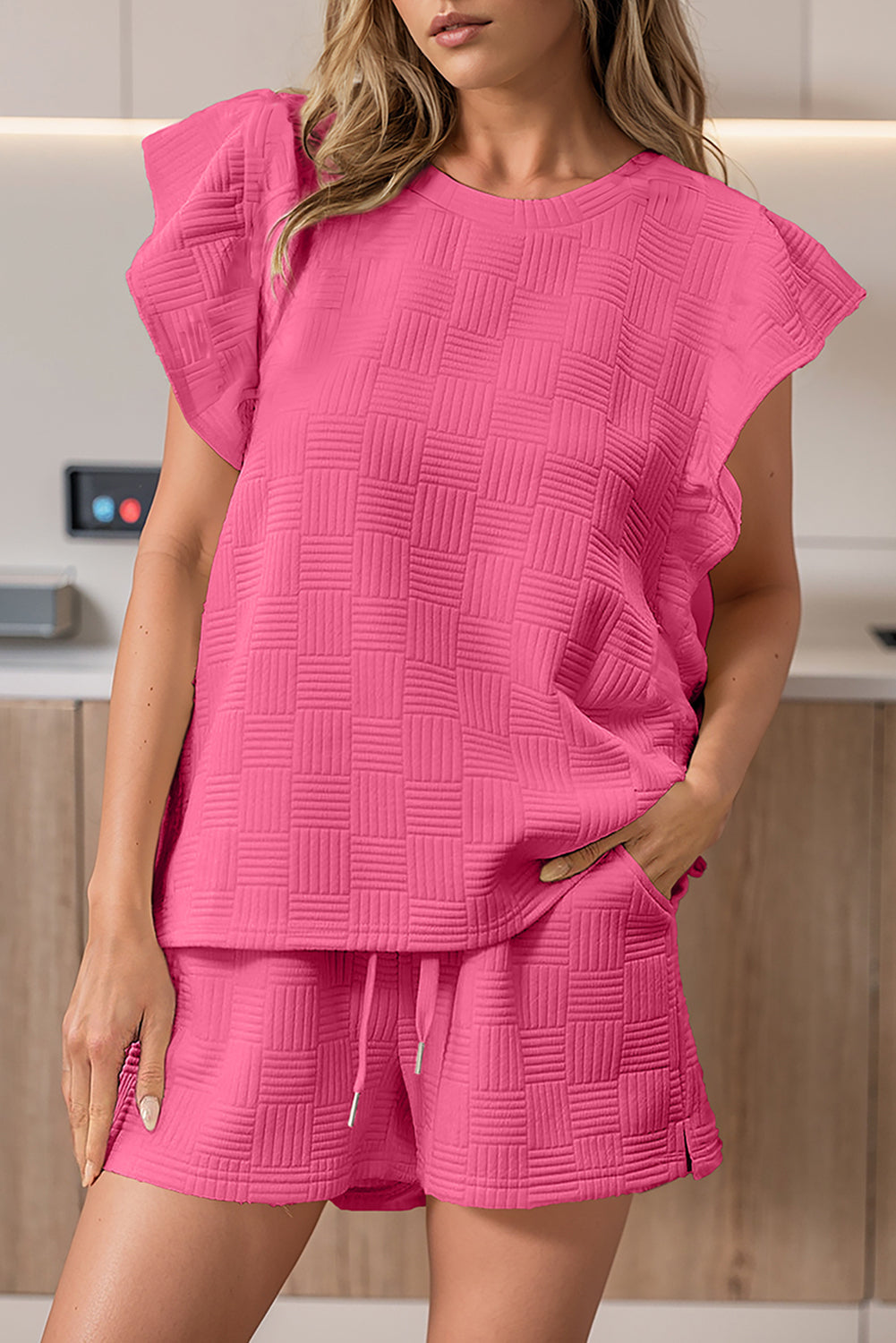 Apricot Textured Ruffled Sleeve Tee and Drawstring Shorts Set BB Fashion Outlet
