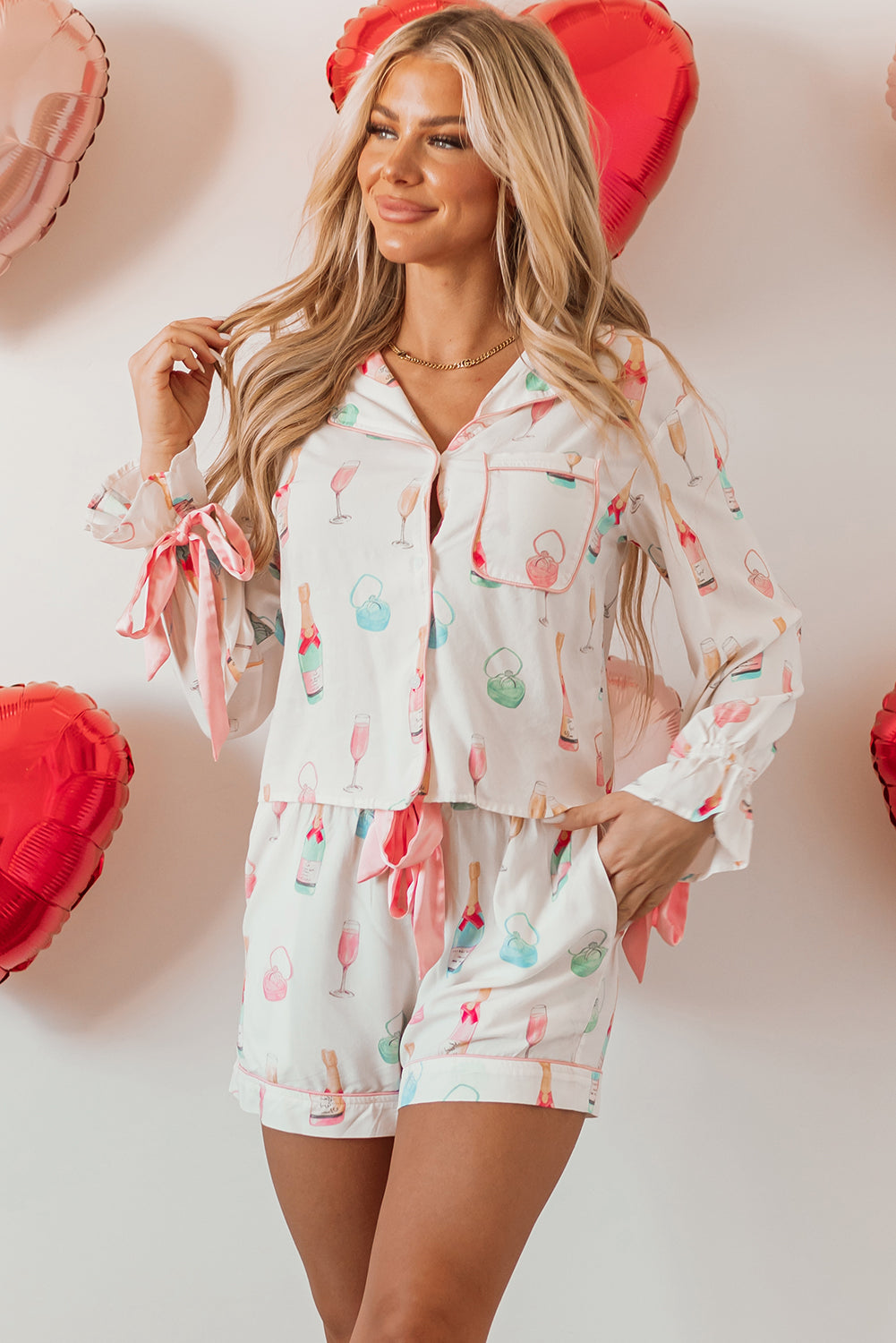 White Christmas Wine Glass Print Bow Knot Two Piece Pyjama Set - eAura