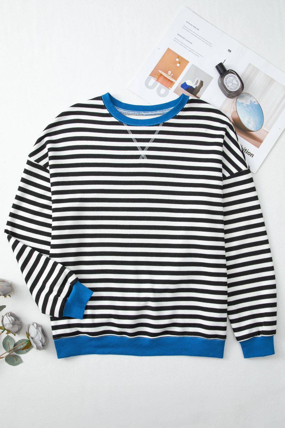Striped Contrast Ribbed Trim Crossed Stitch Drop Shoulder Sweatshirt - eAura